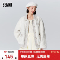 Semir森马外套女翻领拼接毛绒毛边气质冬季宽松夹棉夹克小香风