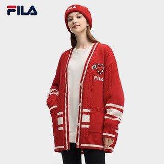 FILA 杨幂同款|斐乐女士编织外套2025春季新年款时尚休闲开衫毛衣 传奇红-RD  （165/84A/）