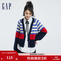 Gap女装秋季款洋气宽松落肩V领针织开衫721572外搭毛衣 蓝色条纹 165/88A(S)
