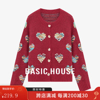 百家好(Basic House)Basic House/百家好韩系爱心钉珠开衫外套冬圆领宽松短款毛衣 红色 L
