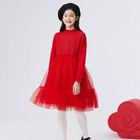 毛织拼接网纱女童连衣裙中大童公主裙春秋装纯色仙女裙新年拜年服