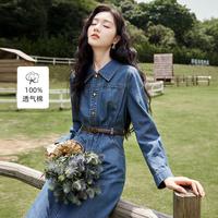 香影 X.YING【2024时尚秋新装】复古牛仔连衣裙长袖通勤收腰开叉高级感裙子