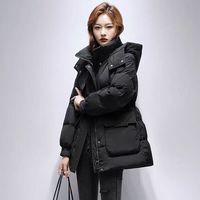 依伊纯收腰羽绒服女中长款2024年冬季新款连帽时尚休闲韩版百搭保暖外套 黑色 胸口飘带 S 建议90-110斤