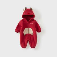 新生儿连体衣春秋男女宝抗静电婴儿爬服连帽长袖衣服拜年服