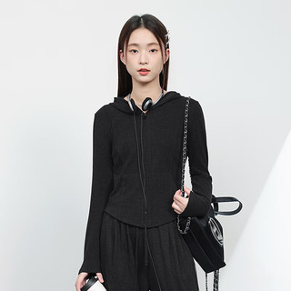 MJ STYLE仿羊绒连帽修身开衫女2025加厚保暖防风轻便显瘦气质百搭上衣 黑/纯色