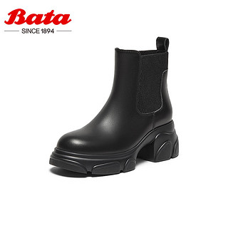 Bata 切尔西靴女2024冬季商场牛皮英伦粗跟通勤短筒靴UKA06DD4 黑色 39