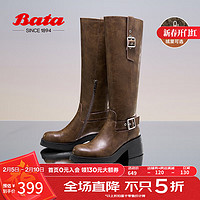 Bata 骑士靴女2024冬季英伦风百搭长筒及膝粗跟时装靴53851DG4 啡色-绒里 35