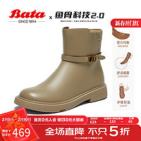 Bata 时装靴女2024秋商场粗跟百搭羊皮通勤软底短筒靴AKQ52CD4 浅啡 35