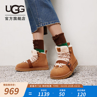 UGG 女士时尚舒适纯色保暖系带平底经典休闲毛茸款短靴 1153510 栗色 42