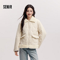 森马（Semir）棉服女拼接毛绒翻领温柔百搭2024冬季宽松棉衣复古风109724112003 白色调00311