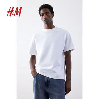 H&M 男装女装T恤四季通用基础款重磅棉质休闲圆领短袖上衣0608945 白色 M 175/100