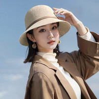 桂岐 遮阳帽子女款春夏渔夫帽可折叠时尚显年轻遮阳帽编织草帽 皮扣小礼帽