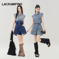 LA CRAWFISH复古工装水洗渐变磨破收腰休闲宽松无袖牛仔连体裤子