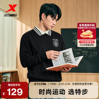 XTEP特步加绒卫衣男套头长袖T恤休闲服饰圆领宽松跑步上衣 正黑色 M