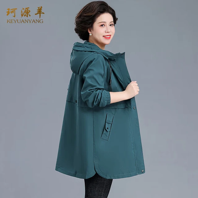 珂源羊中年女秋装风衣中老年女装洋气装宽松春秋外套 绿色 XL XL（105-115斤）