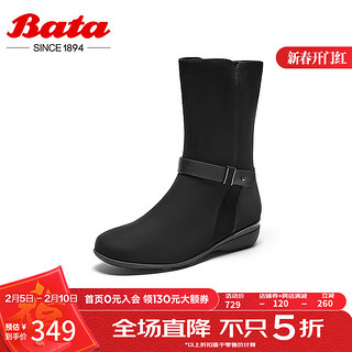 Bata 时装靴女商场百搭牛皮软底通勤中筒靴 ARW41DZ3 黑色-单里 36