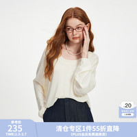 范思蓝恩秋季慵懒风长袖T恤宽松罩衫背心套装两件套V领套头针织衫套装女 米黄色 XS