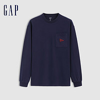 Gap 男女装2024秋冬新款纯棉刺绣logo口袋圆领长袖T恤上衣