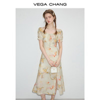 VEGA CHANG印花连衣裙女2025夏季新款法式小众方领泡泡袖长裙子