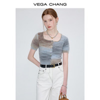 VEGA CHANG短袖针织衫女2025年夏季新款渐变花纱方领短袖针织上衣