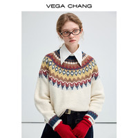 VEGA CHANG毛针织衫女2024秋冬季复古提花别致通勤圆领毛衣 拼色 均码