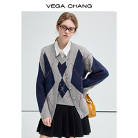 VEGA CHANG时尚套装女2024年秋冬含羊毛菱格V领针织开衫+马甲 灰蓝格纹(开衫) S