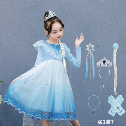 忆爱 爱莎公主裙秋冬加绒女童冰雪奇缘艾莎裙子新年儿童连衣裙过年衣服 蓝色春秋款+7