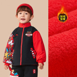 安踏 双面穿摇粒服春装男童加绒外套防泼水潮流满印安踏宝宝连帽外套