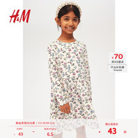 H&M童装女童裙子2024冬季圣诞蝴蝶结可爱印花长袖连衣裙1245392 白色/花卉 150 76