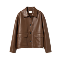 初棉工装风皮衣小翻领pu夹克24秋冬复古箱型机车短外套拼接设计