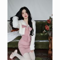 秋冬一整套韩版温柔仿水貂绒毛衣外套开衫连衣裙两件套装女