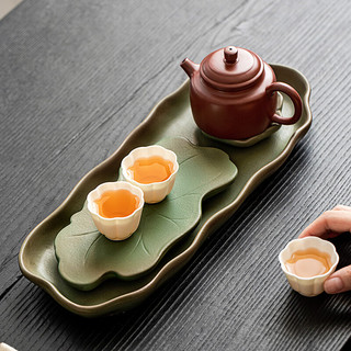唐丰陶瓷茶盘干泡盘家用高档创意莲池功夫茶具茶托盘泡茶小型茶台 绿陶长方莲池茶盘(小)
