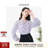 JESSIE 雅致木耳边系带领雪纺长袖印花衬衫上衣2024春 紫色 S