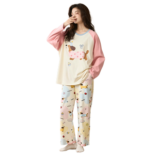 【100%棉】春秋季长袖套头圆领纯棉睡衣女士家居服套装可外穿