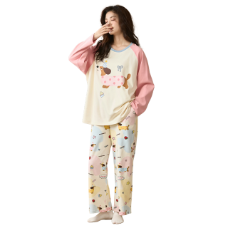 【100%棉】春秋季长袖套头圆领纯棉睡衣女士家居服套装可外穿