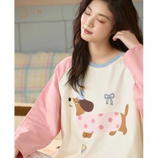 【100%棉】春秋季长袖套头圆领纯棉睡衣女士家居服套装可外穿