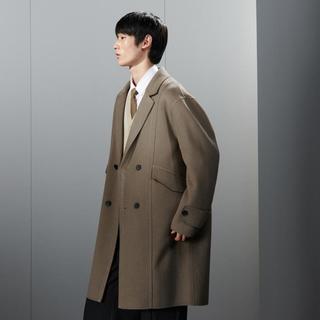 2023冬季宽松简约线条含绵羊毛保暖毛呢大衣长款毛呢外套