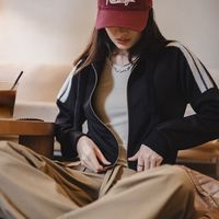 马登 MADEN女装 空气层连帽夹克春季条纹毛绒拼接开衫卫衣运动通勤上衣外套 星空黑