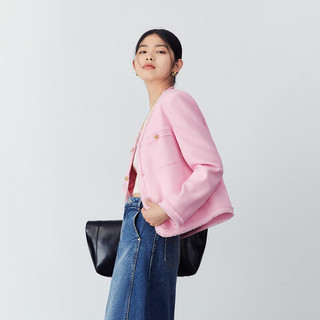 太平鸟女装仿麂皮时尚小香风上衣撞色简奢风新中式外套合集 粉色小香风毛边外套 S
