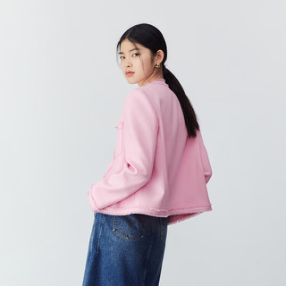 太平鸟女装仿麂皮时尚小香风上衣撞色简奢风新中式外套合集 粉色小香风毛边外套 S