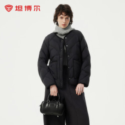 坦博尔 轻薄羽绒服女韩版菱格短款秋冬小个子外套TB62330268 黑色 L (170)