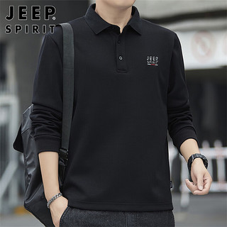 JEEP SPIRIT 吉普长袖T恤男秋冬季休闲翻领POLO打底衫男士上衣服 黑色 4XL