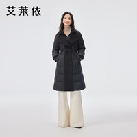 艾莱依（ERAL）女士羽绒服系带收腰长款羽绒服保暖鸭绒门襟拼接针织面料羽绒服