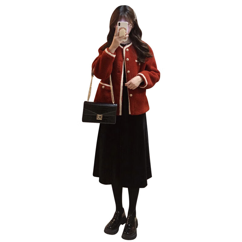 妍莉芬2025年新款春季女装红色外套穿搭衣服小香风连衣裙女套装裙子秋冬