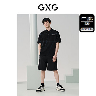 GXG男装 喷墨设计感polo衫男宽松翻领短袖 24夏季 黑色 170/M