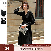 3COLOUR 2024秋季新款高腰气质小黑裙中长款连衣裙 黑色 170/92A/XL