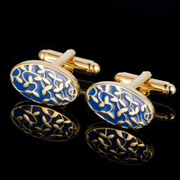 apatia 蓝色花纹珐琅袖扣镀金铜金属袖钉男正装法式衬衫袖口扣送礼盒 蓝色 20*12mm