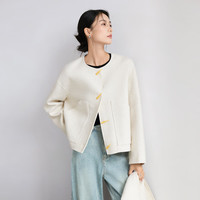 对白100%羊毛短款双面呢斗篷外套女2024冬高级感围巾毛呢大衣 奶油米 L