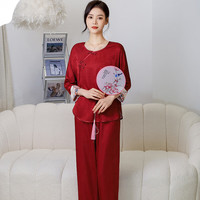 上海故事秋冬季国风冰雪丝提花盘扣两件套装仿丝绸睡衣女家居服情人节礼物 浪花如雪(胸垫款) 酒红 M