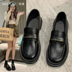 西遇 乐福鞋女2025春季简约法式一脚蹬小皮鞋通勤黑色单鞋 黑色